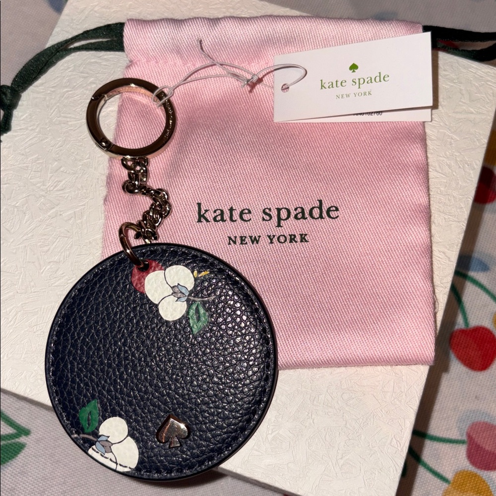 Kate Spade Navy Blue Cherry Blossom Leather Round Keychain/Charm NEW WITH TAGS